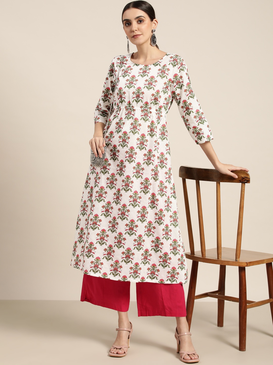 

Moda Rapido Women White & Red Pure Cotton Ethnic Motifs Print A-Line Kurta