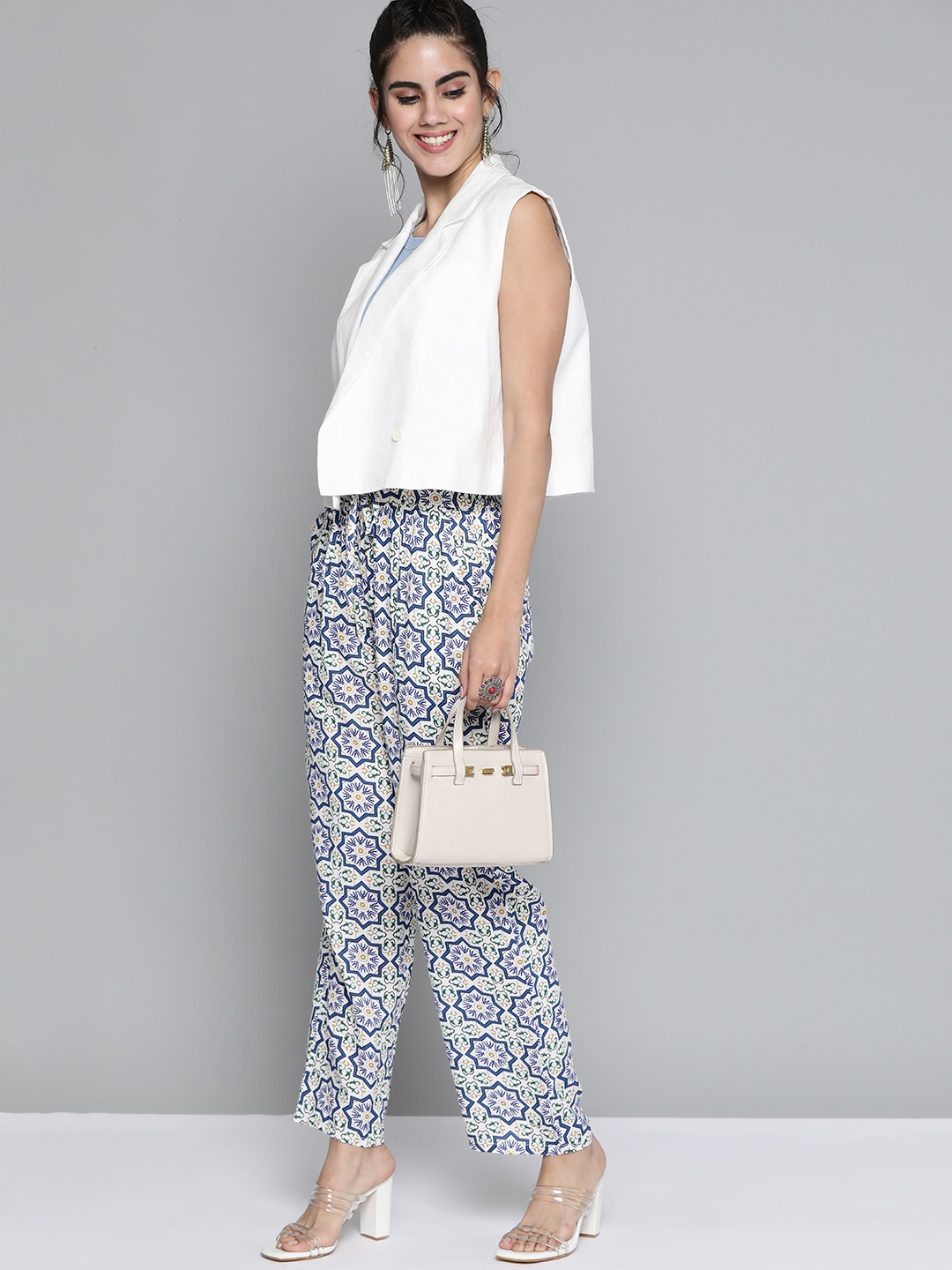 

HERE&NOW Women Blue & White Ethnic Motifs Printed Trousers