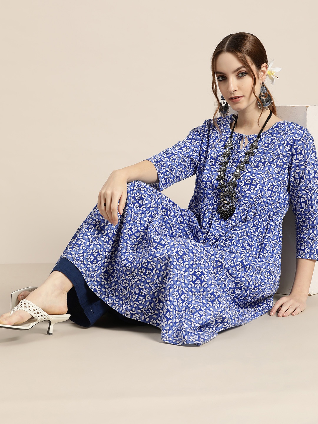 

Moda Rapido Women Blue & White Ethnic Motifs Printed A-Line Kurta
