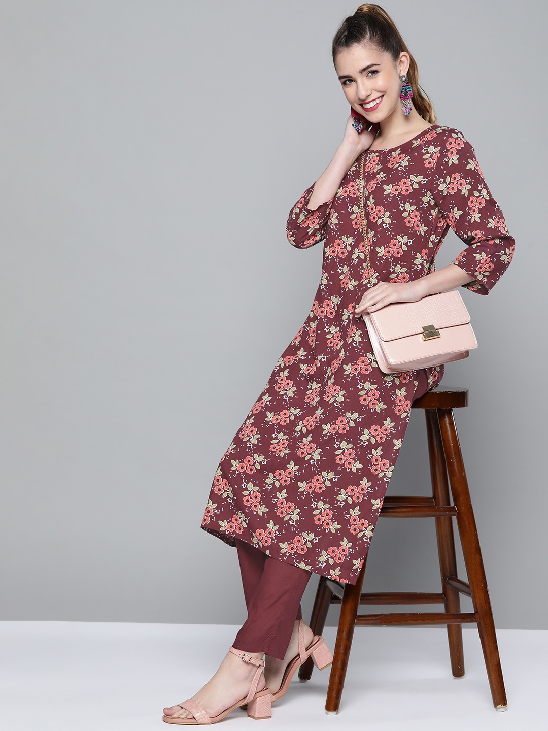 

HERE&NOW Women Maroon Floral Printed Kurta with Palazzos