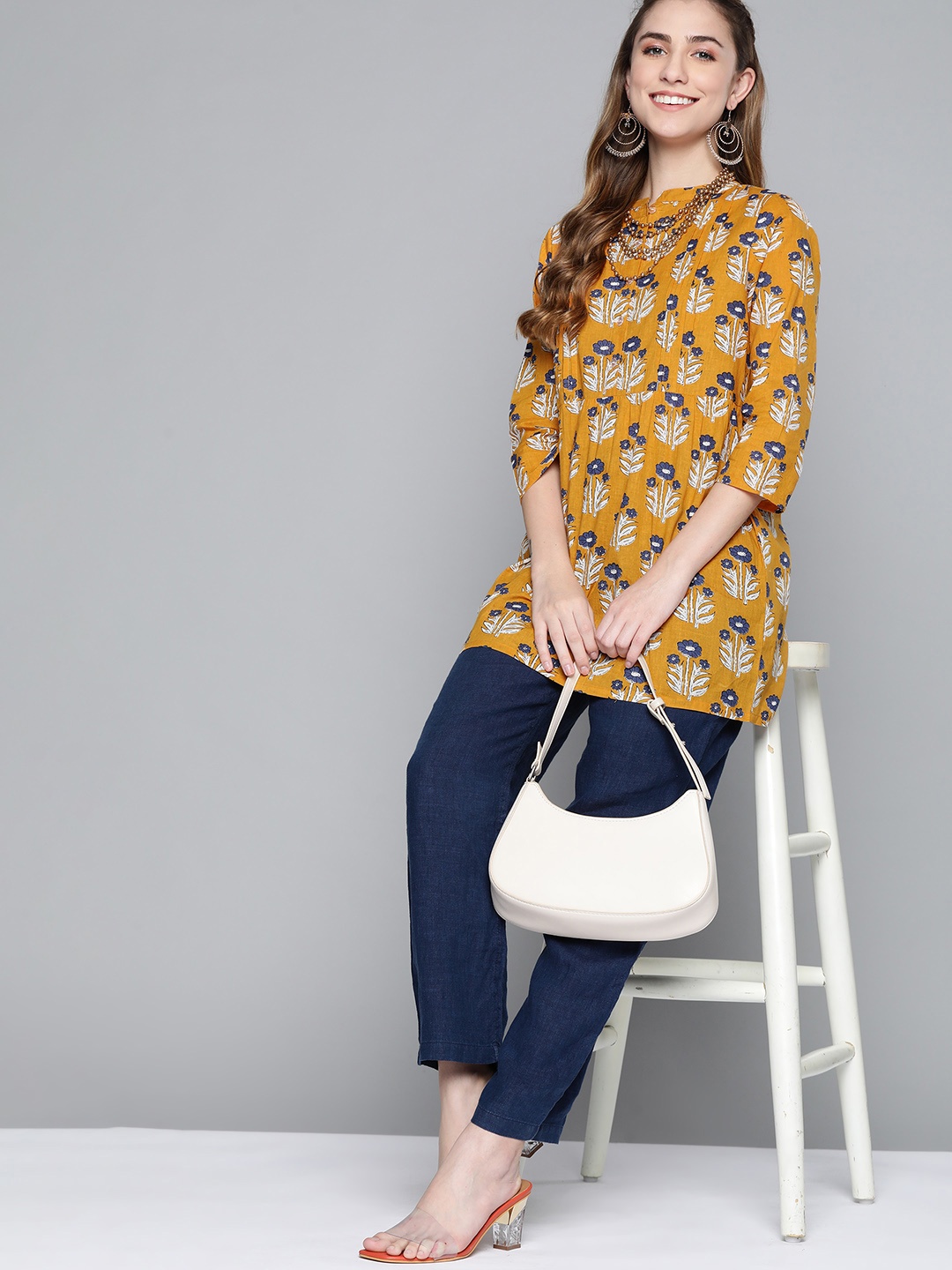 

HERE&NOW Mustard Yellow & Navy Blue Floral Print Pure Cotton Short Kurti