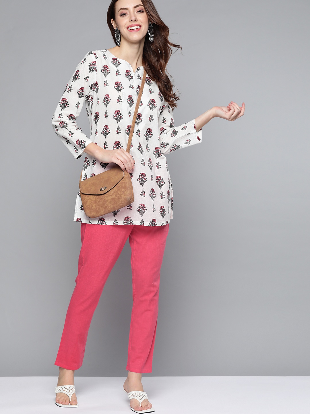 

HERE&NOW White & Pink Ethnic Motifs Printed Pure Cotton Kurti