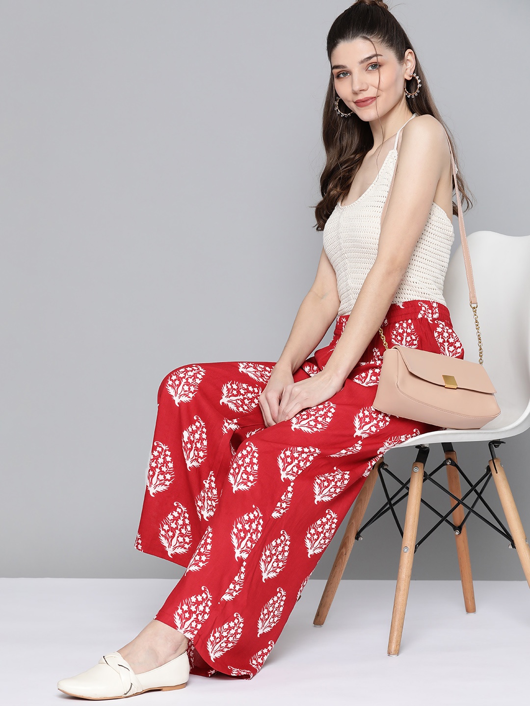 

HERE&NOW Women Red & White Ethnic Motifs Printed Flared Palazzos