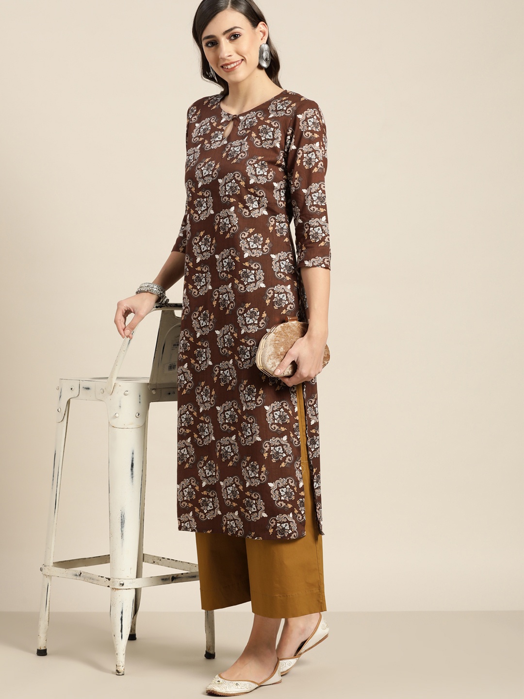 

Moda Rapido Women Brown Pure Cotton Printed Keyhole Neck Kurta
