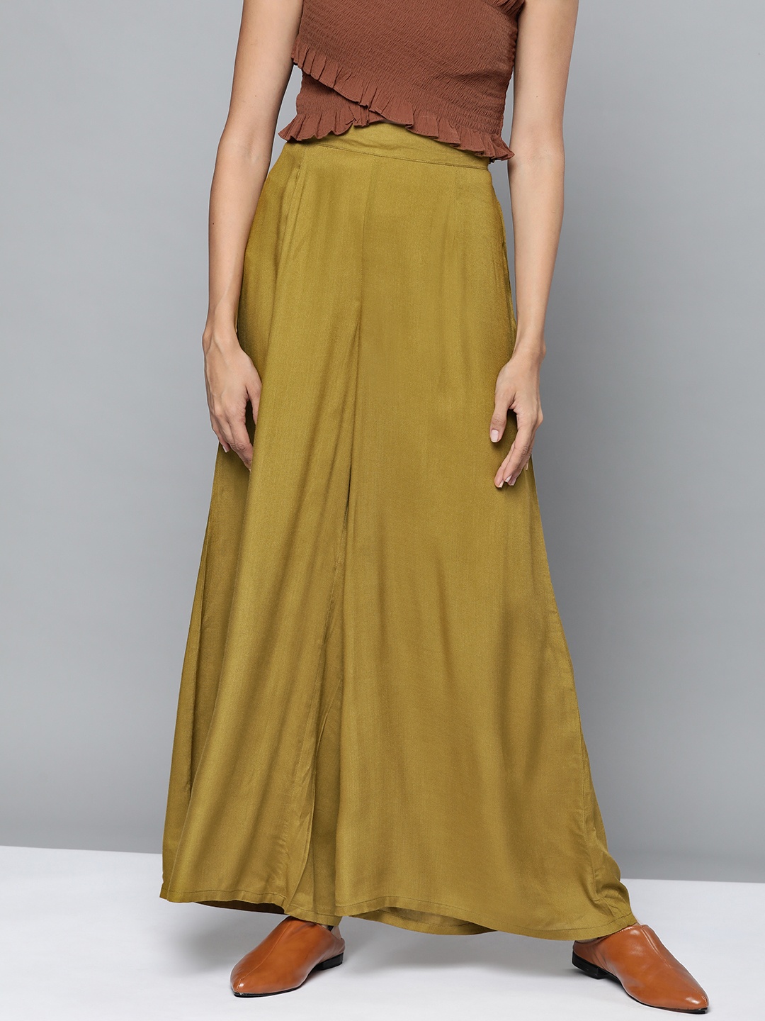 

HERE&NOW Women Olive Green Solid Ethnic Palazzos