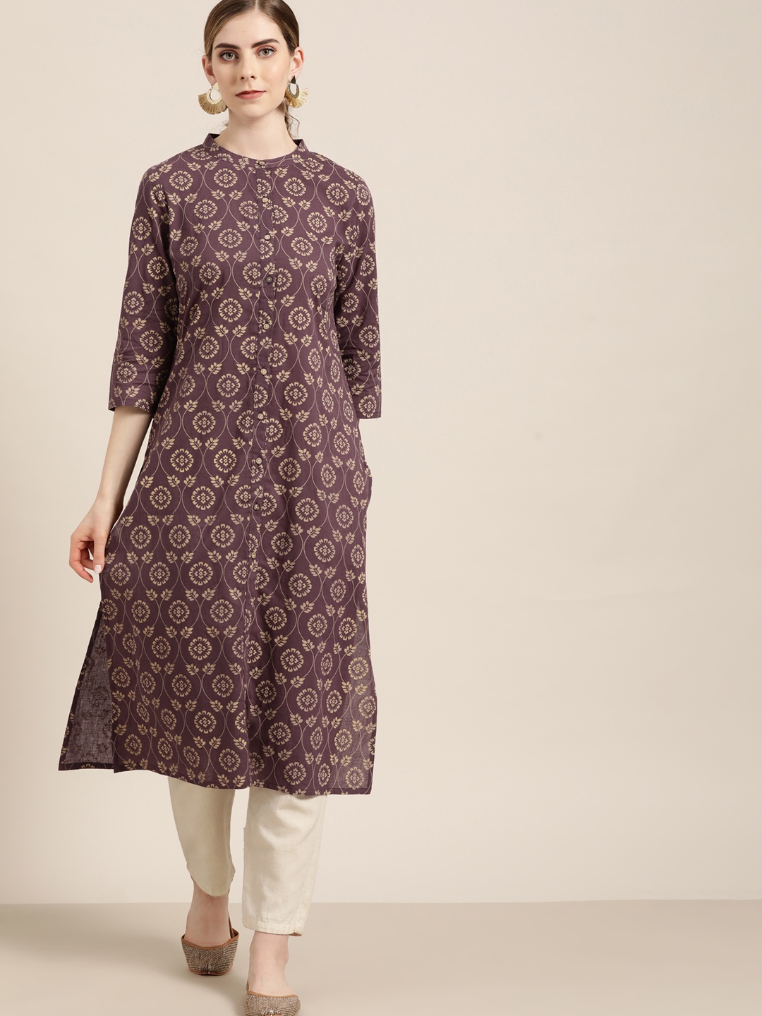 

Moda Rapido Women Aubergine & Beige Floral Print Straight Cotton Kurta, Purple