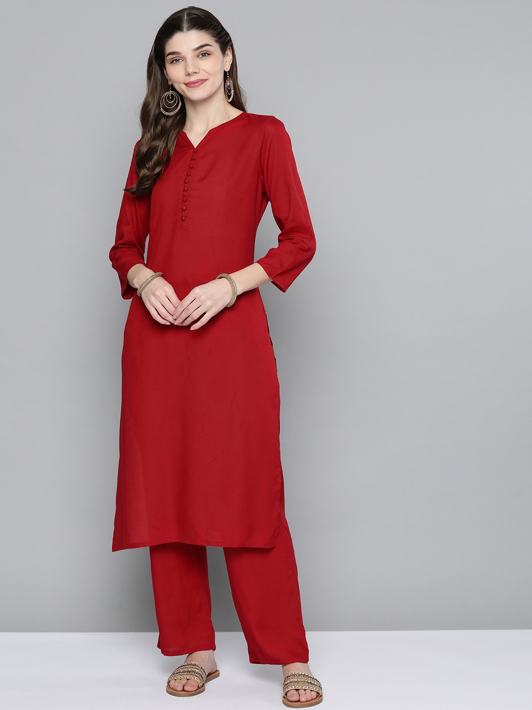 

HERE&NOW Women Red Solid Pure Cotton Kurta with Trousers