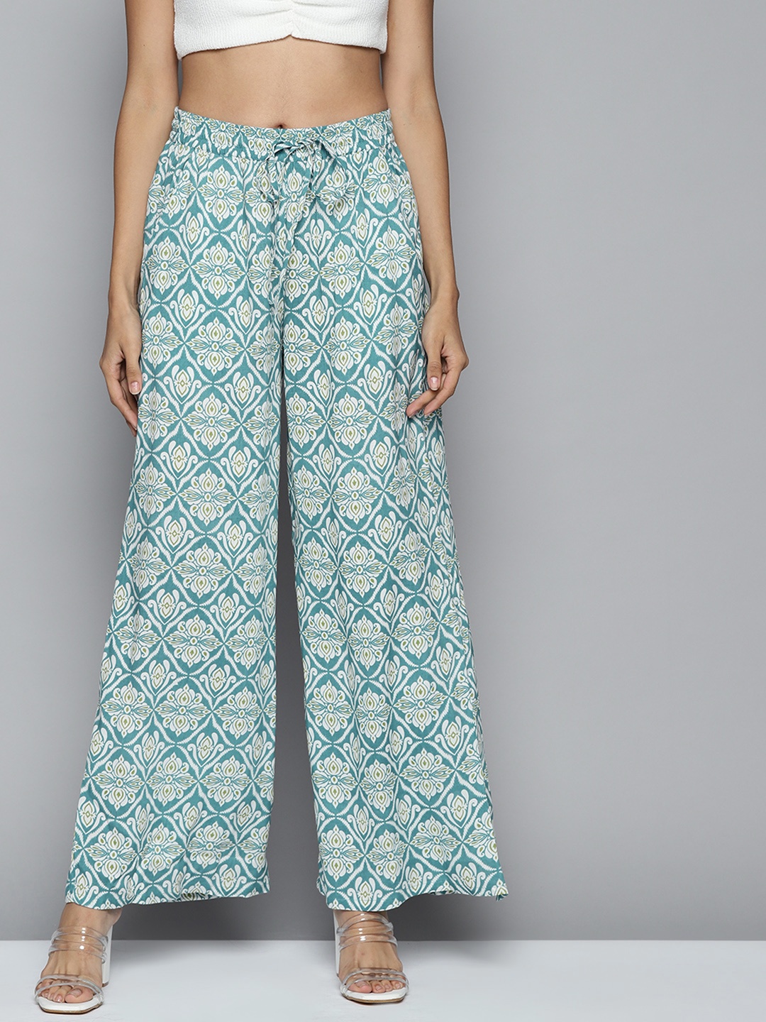 

HERE&NOW Women Off White & Blue Ethnic Motifs Print Palazzos