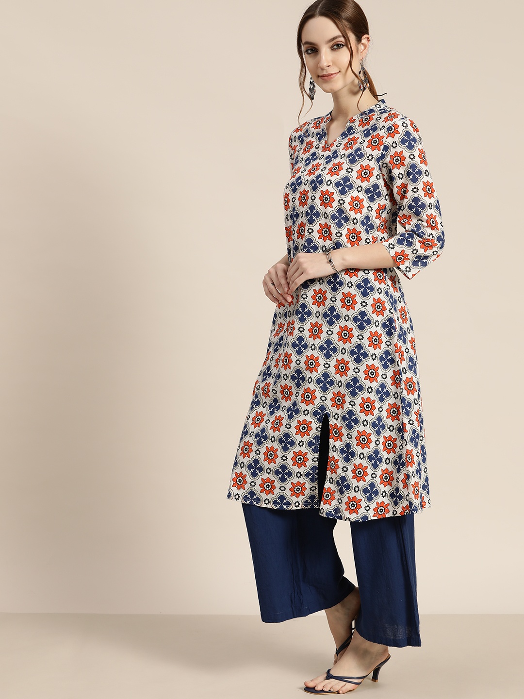 

Moda Rapido Women White & Navy Blue Pure Cotton Ethnic Motifs Printed A-Line Kurta