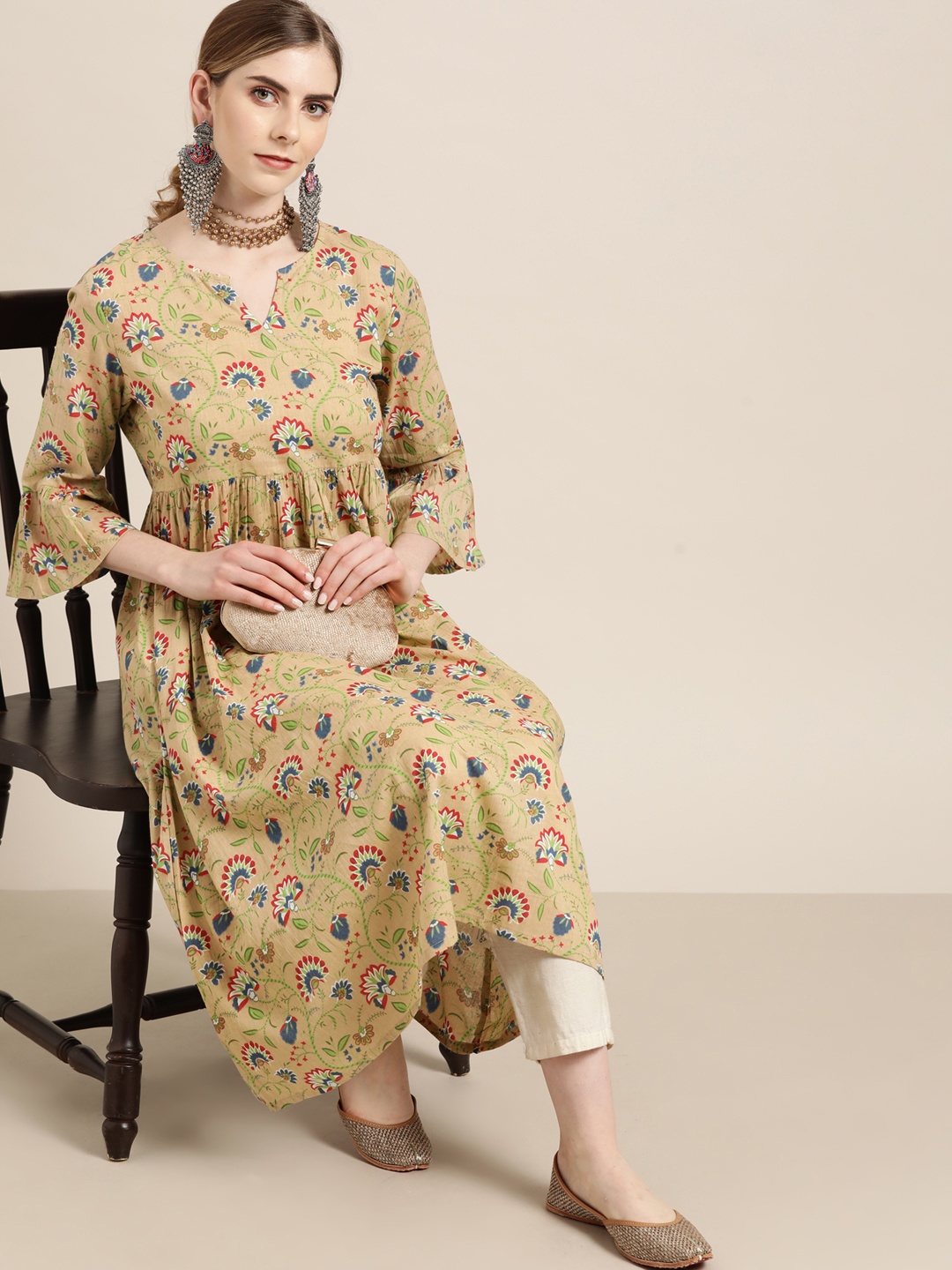 

Moda Rapido Women Beige & Red Floral Print Cotton Pleated A-Line Kurta