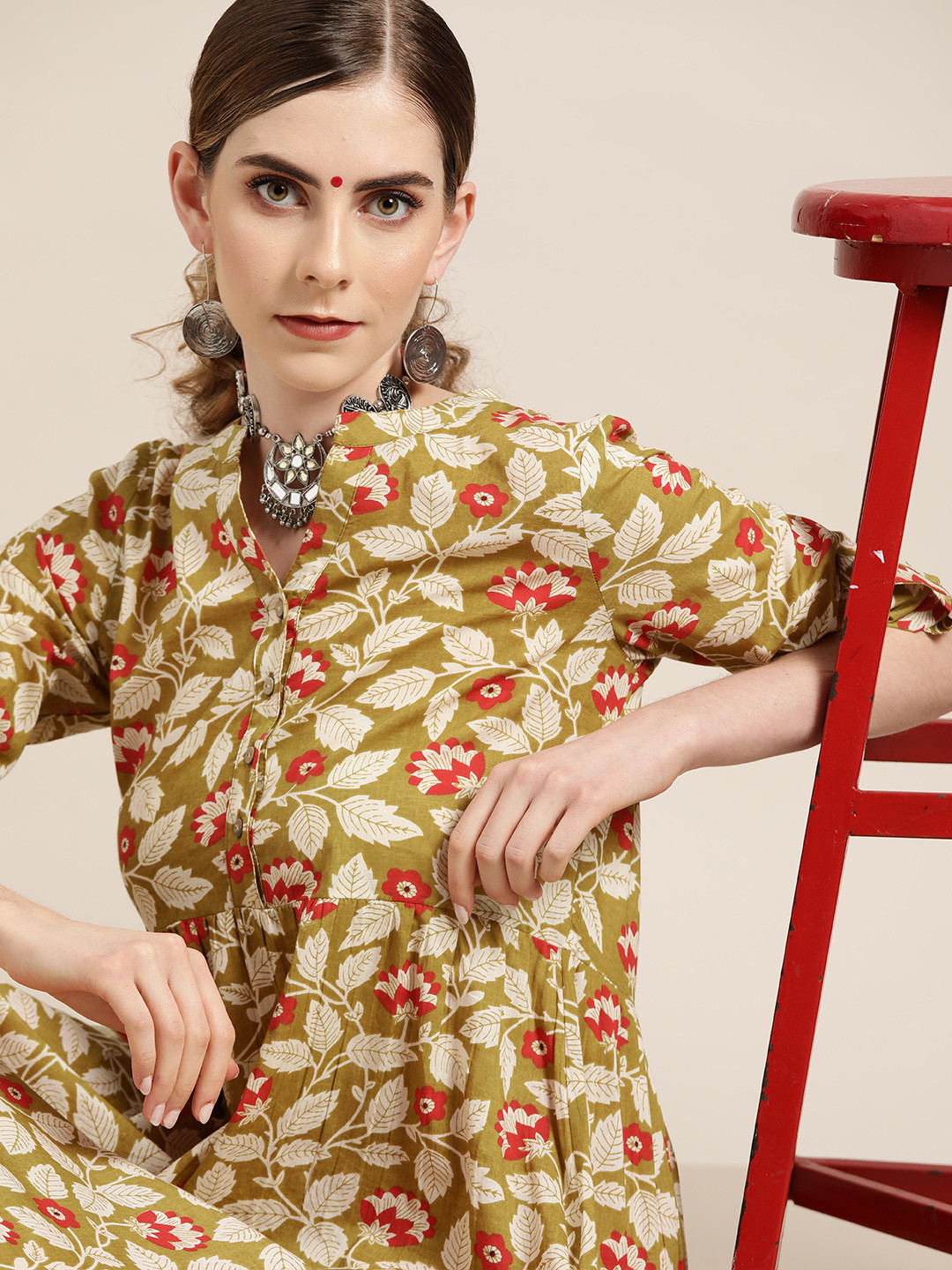

Moda Rapido Women Olive Green & Off White Cotton Floral Printed A-Line Kurta