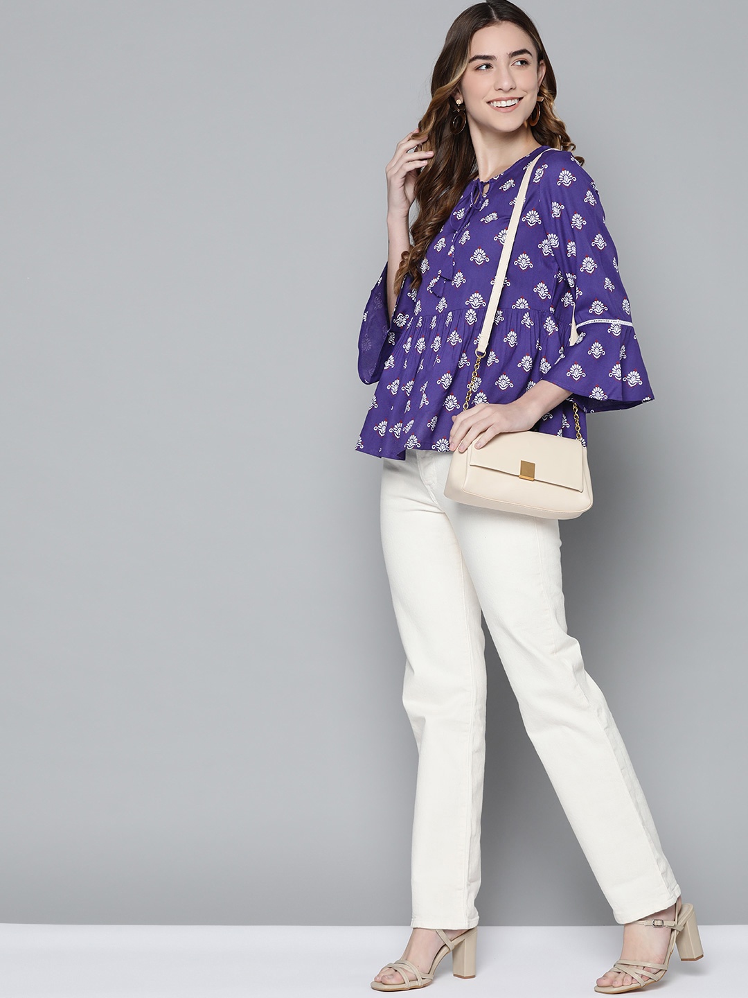 

HERE&NOW Women Purple & White Print Tie-Up Neck Empire Top