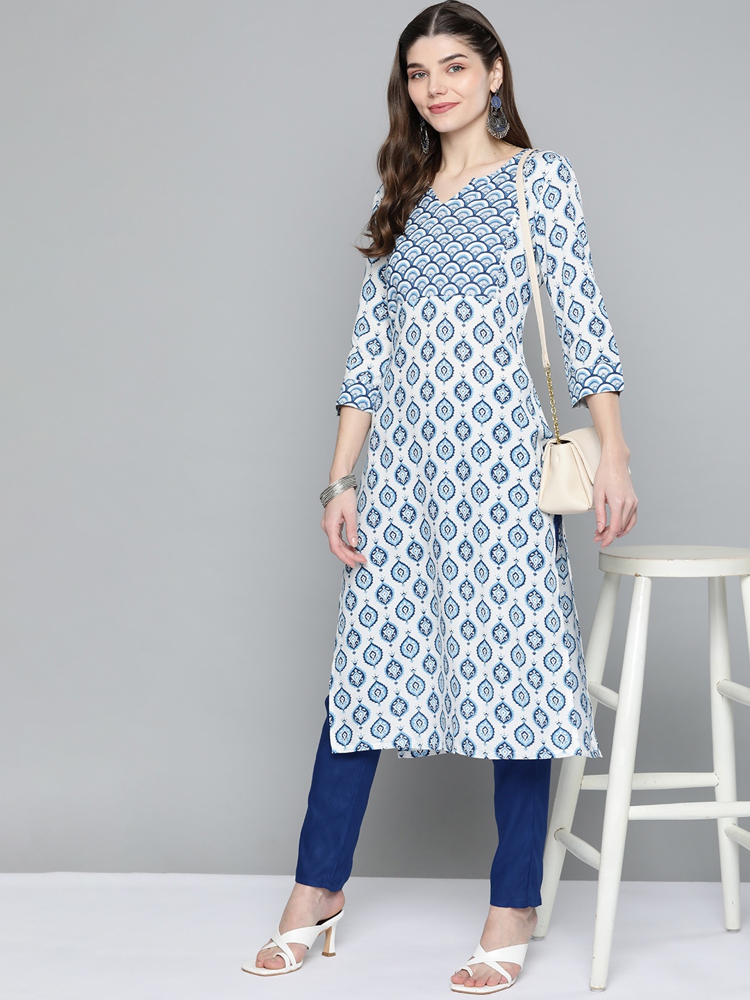 

HERE&NOW Women White Ethnic Motifs Printed Kurta with Trousers