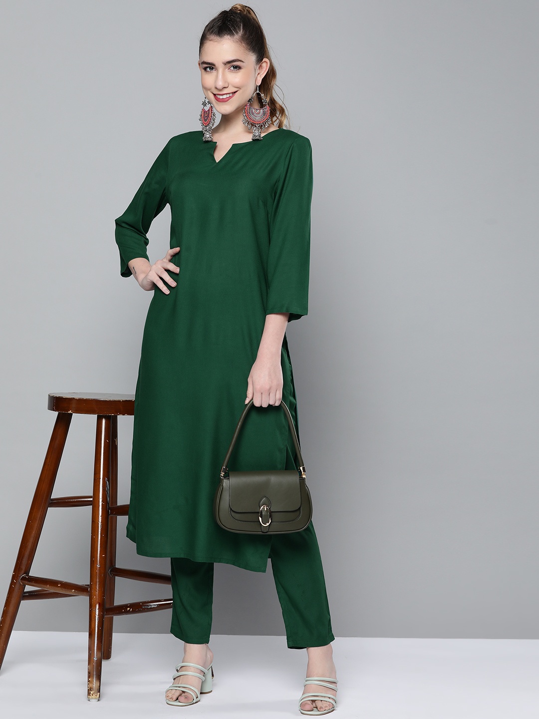 

HERE&NOW Women Green Solid Kurta with Palazzos