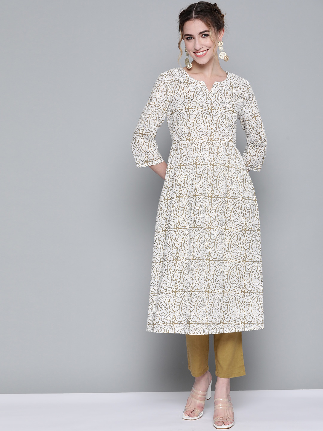 

HERE&NOW Women White & Khaki Pure Cotton Ethnic Motifs Printed Kurta with Trousers