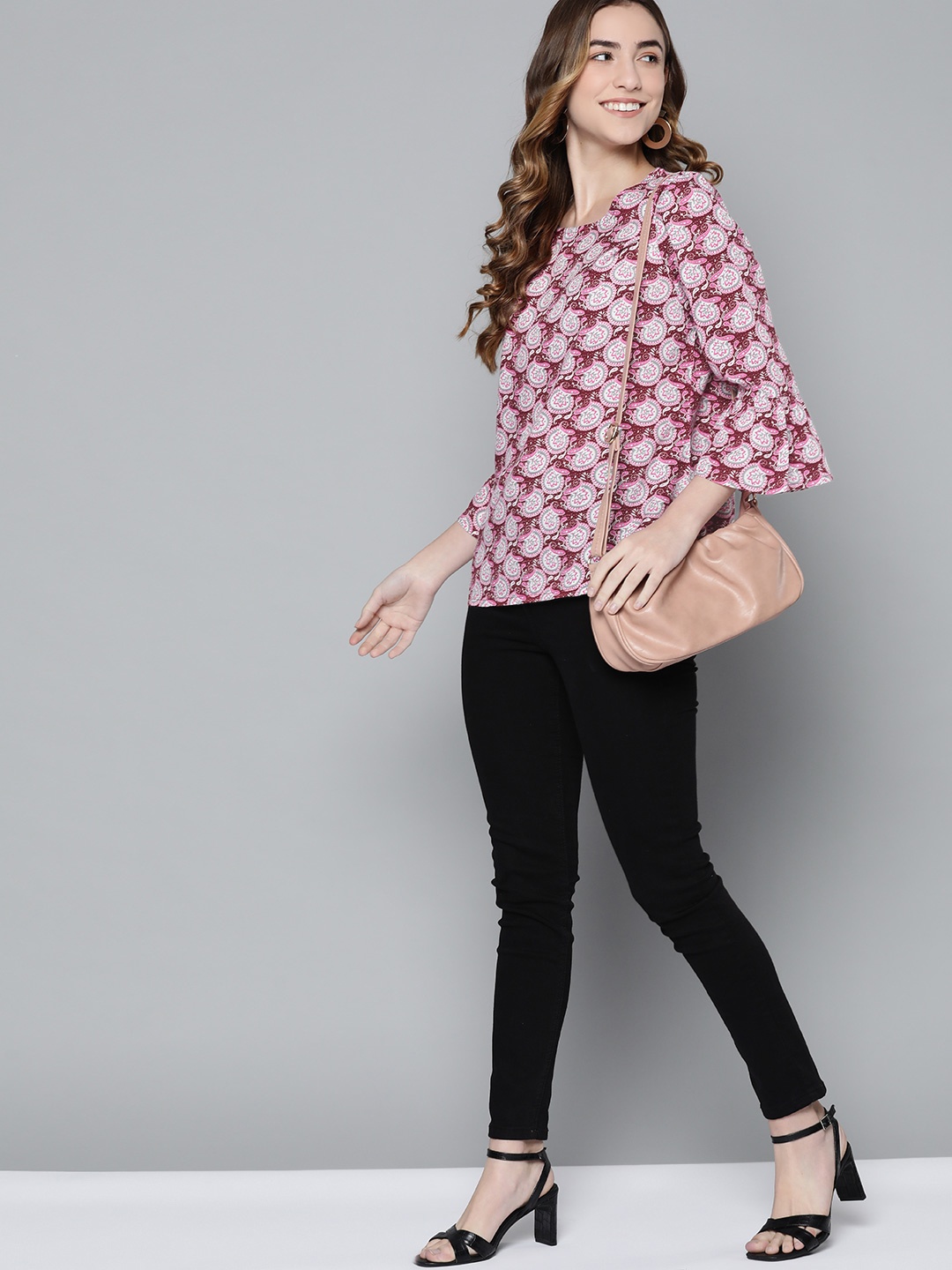 

HERE&NOW Women Pink & White Print Round Neck Empire Top