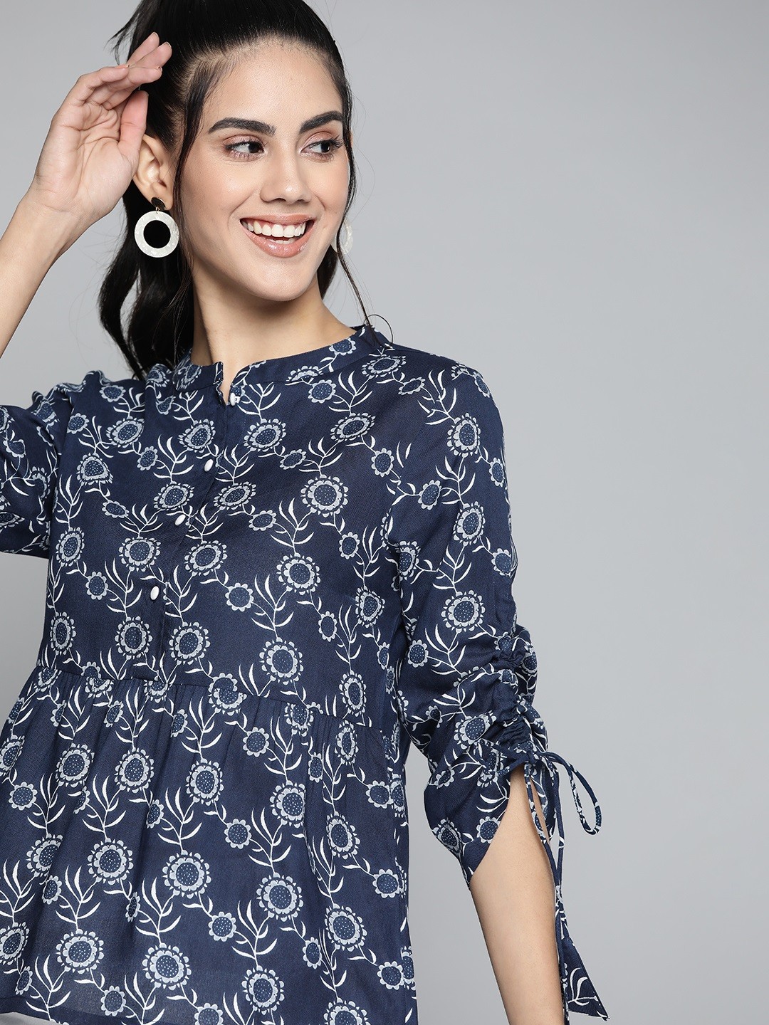 

HERE&NOW Navy Blue & White Ethnic Printed Mandarin Collar Top
