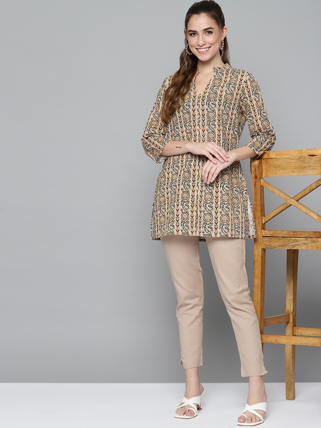 

HERE&NOW Beige & Black Ethnic Motifs Print Pure Cotton Kurti