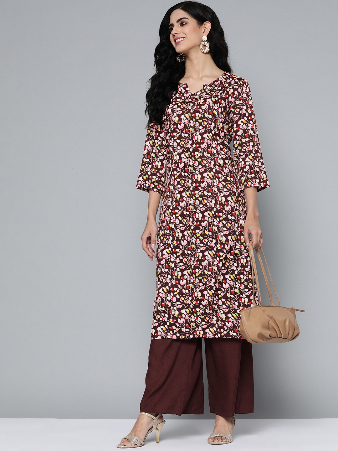 

HERE&NOW Women Brown & White Floral Printed Kurta with Palazzos