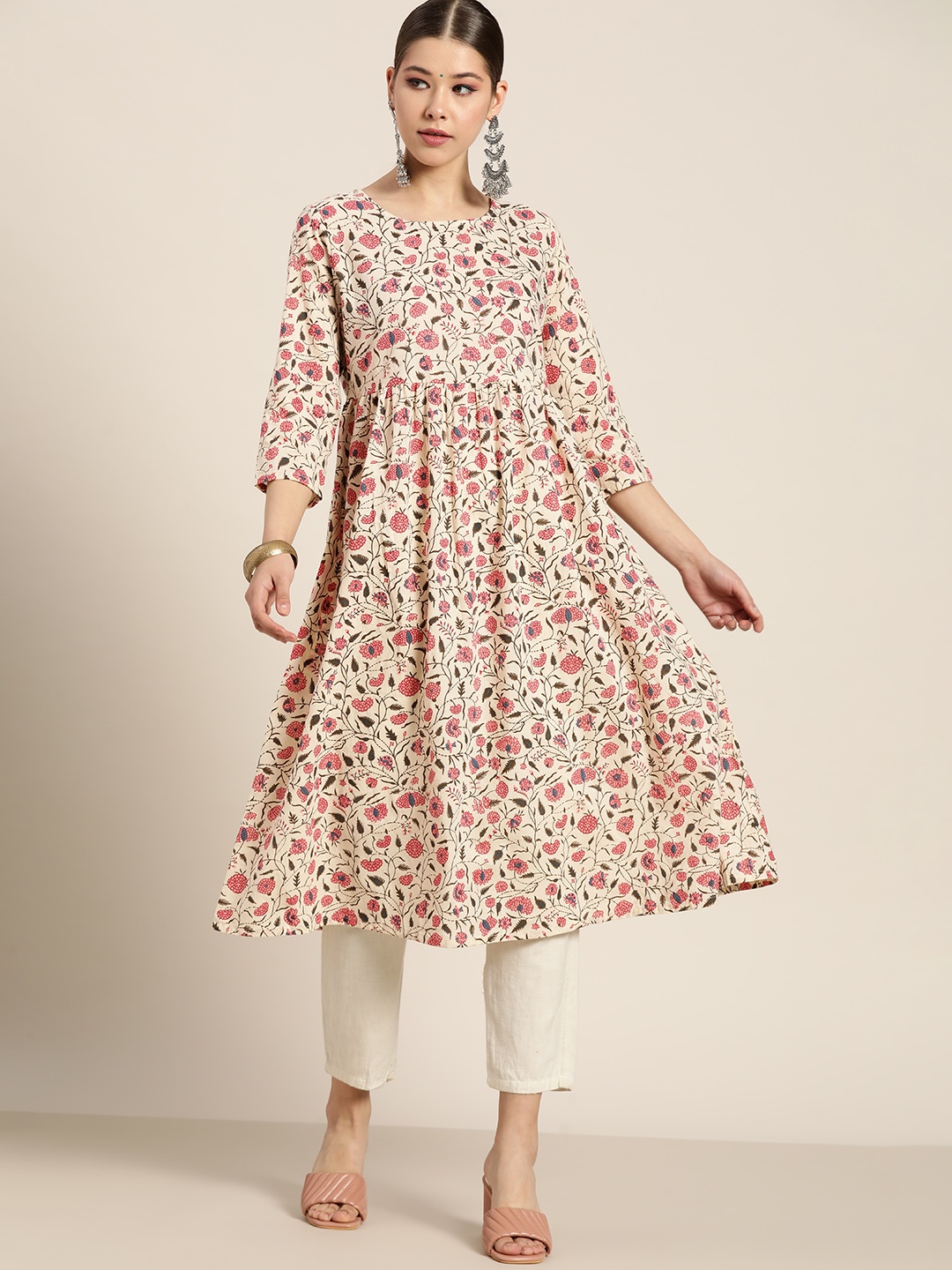 

Moda Rapido Women Beige & Pink Floral Printed Floral Pure Cotton A-Line Kurta