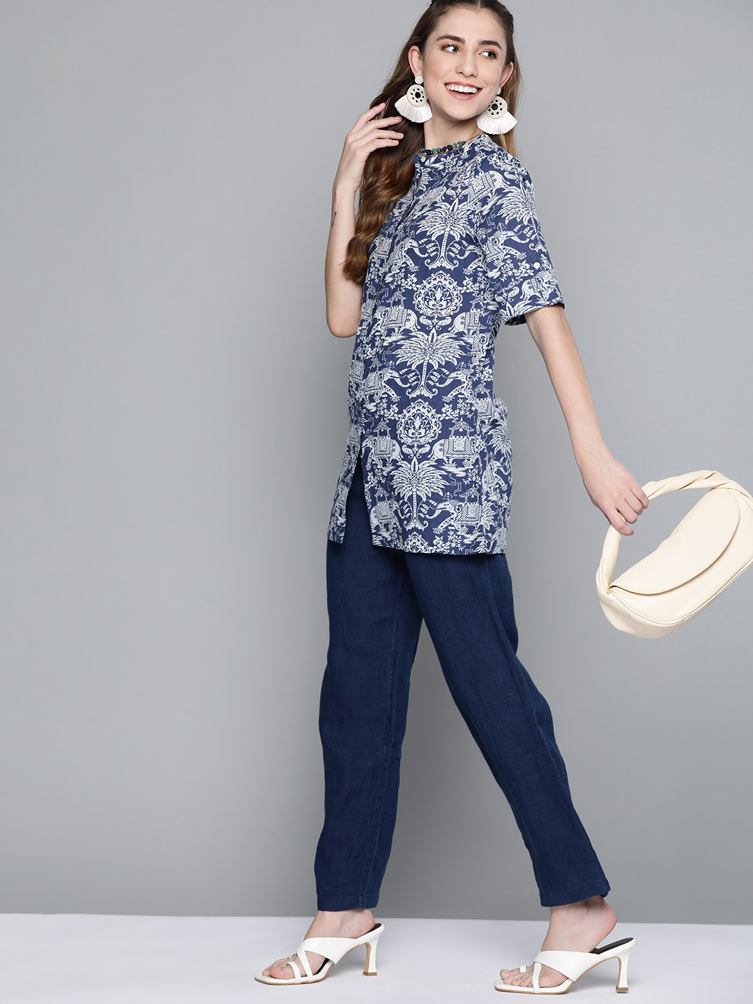 

HERE&NOW Navy Blue & White Ethnic Motifs Printed Pure Cotton A-Line Kurti