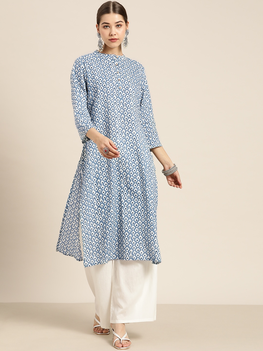 

Moda Rapido Women Blue & White Printed Pure Cotton Kurta with Palazzos