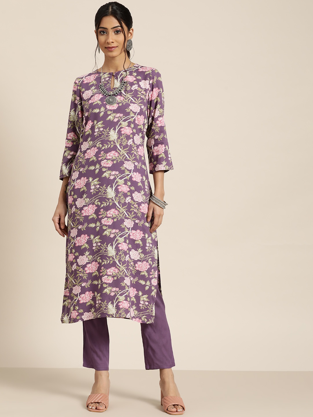 

Moda Rapido Women Lavender & Pink Floral Printed Kurta with Solid Trousers