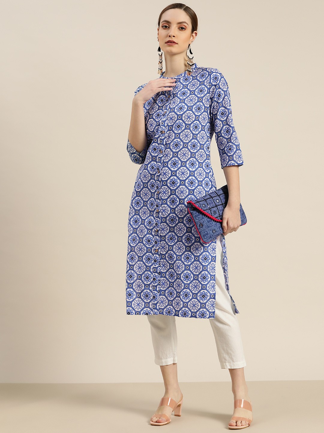 

Moda Rapido Women White & Blue Ethnic Motifs Print Pure Cotton Straight Kurta
