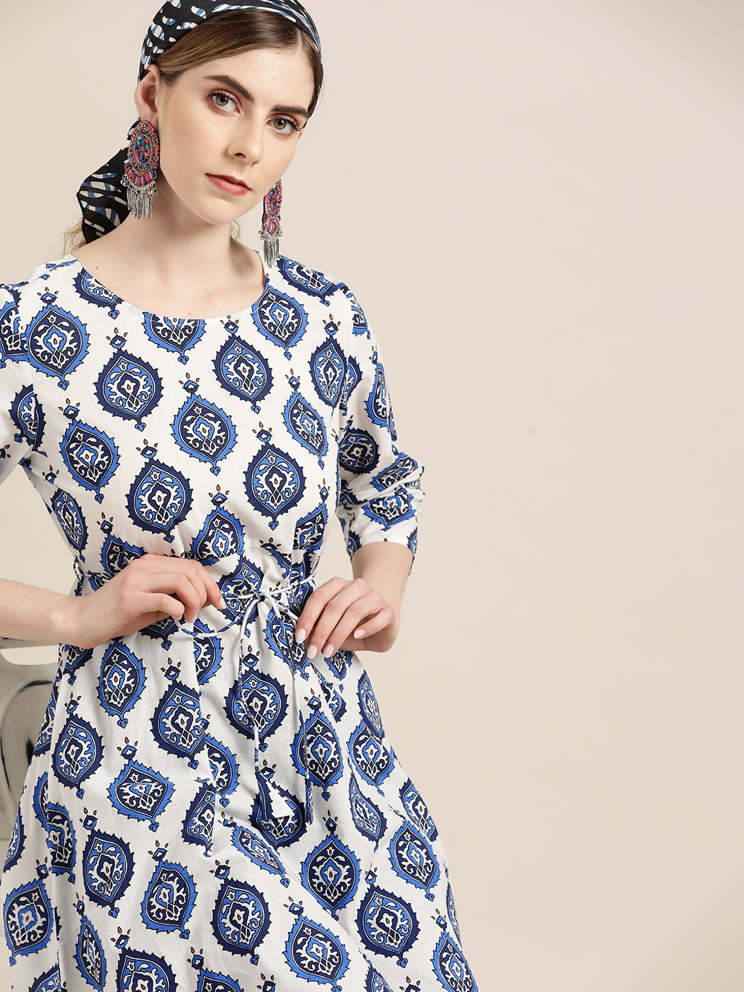 

Moda Rapido Women White & Blue Ethnic Motifs Print Cotton Pleated A-Line Kurta with Belt