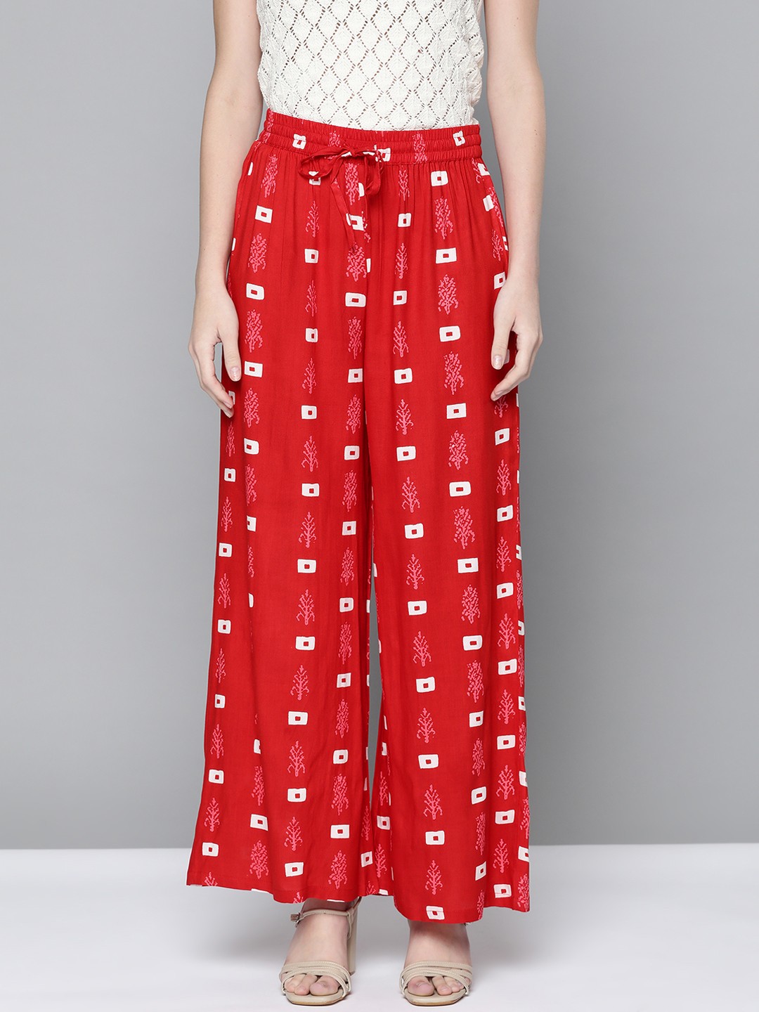 

HERE&NOW Women Red & White Printed Palazzos