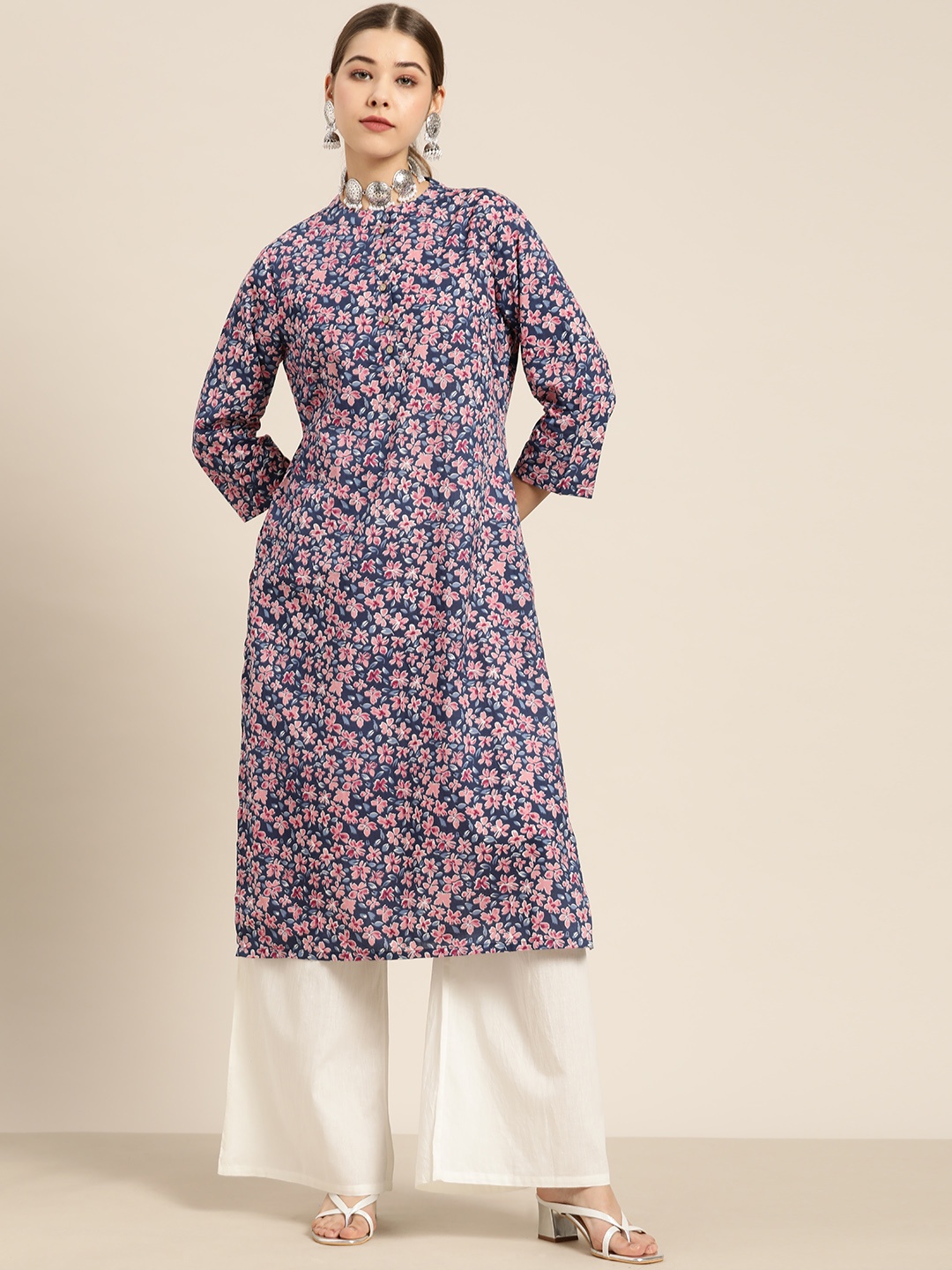 

Moda Rapido Women Navy Blue & Pink Floral Printed Pure Cotton Kurta