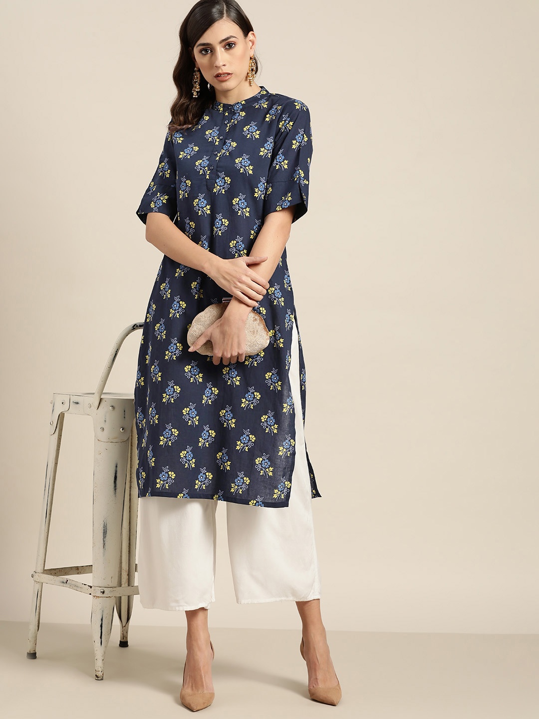 

Moda Rapido Women Navy Blue & Yellow Pure Cotton Ethnic Motifs Printed Kurta