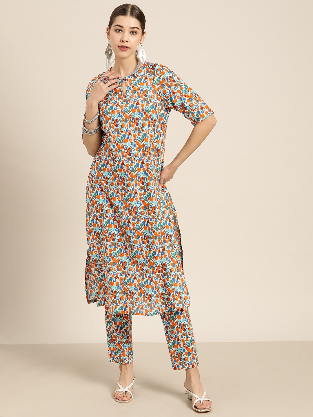 

Moda Rapido Women White & Orange Floral Printed Pure Cotton Kurta with Trousers