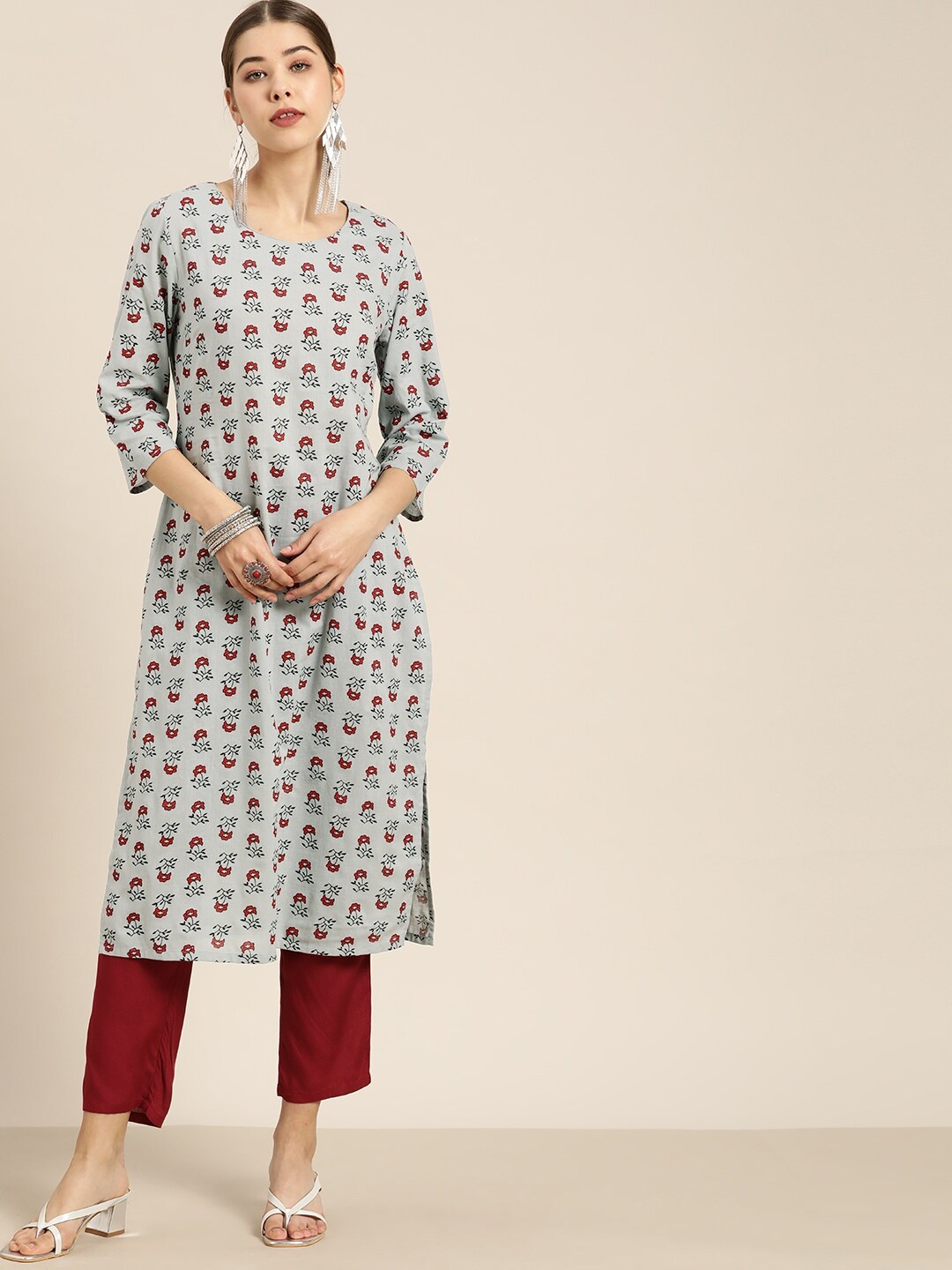 

Moda Rapido Women Grey & Maroon Pure Cotton Floral Print Kurta