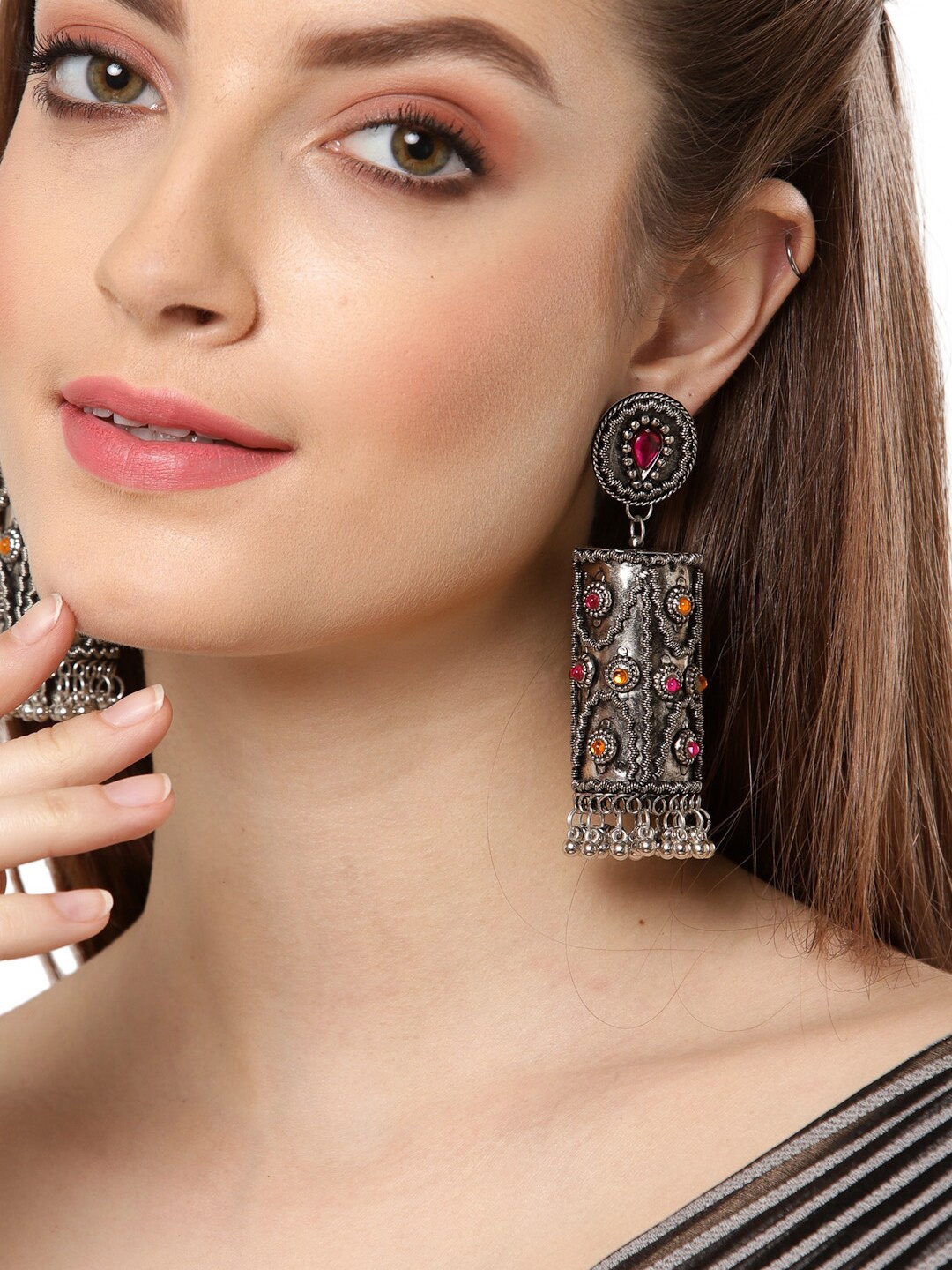 

Shining Diva Silver-Plated Oxidised Contemporary Jhumkas Earrings