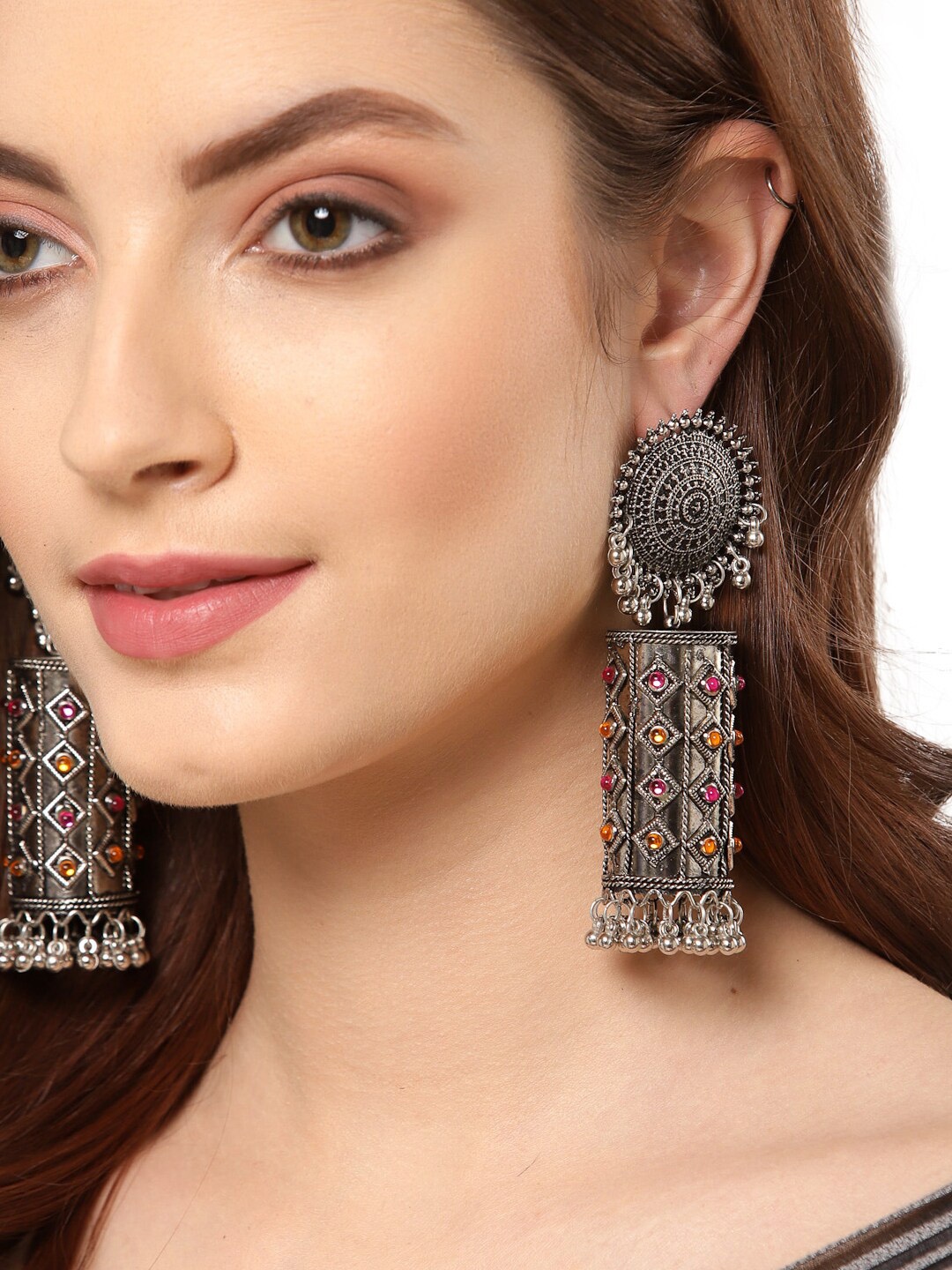 

Shining Diva Silver-Plated Pink & Orange Oxidised Contemporary Jhumkas