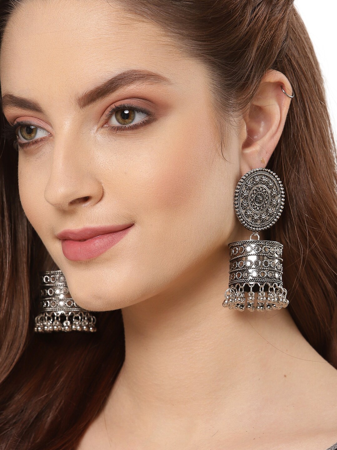 

Shining Diva Silver-Toned Oxidised Contemporary Jhumkas Earrings