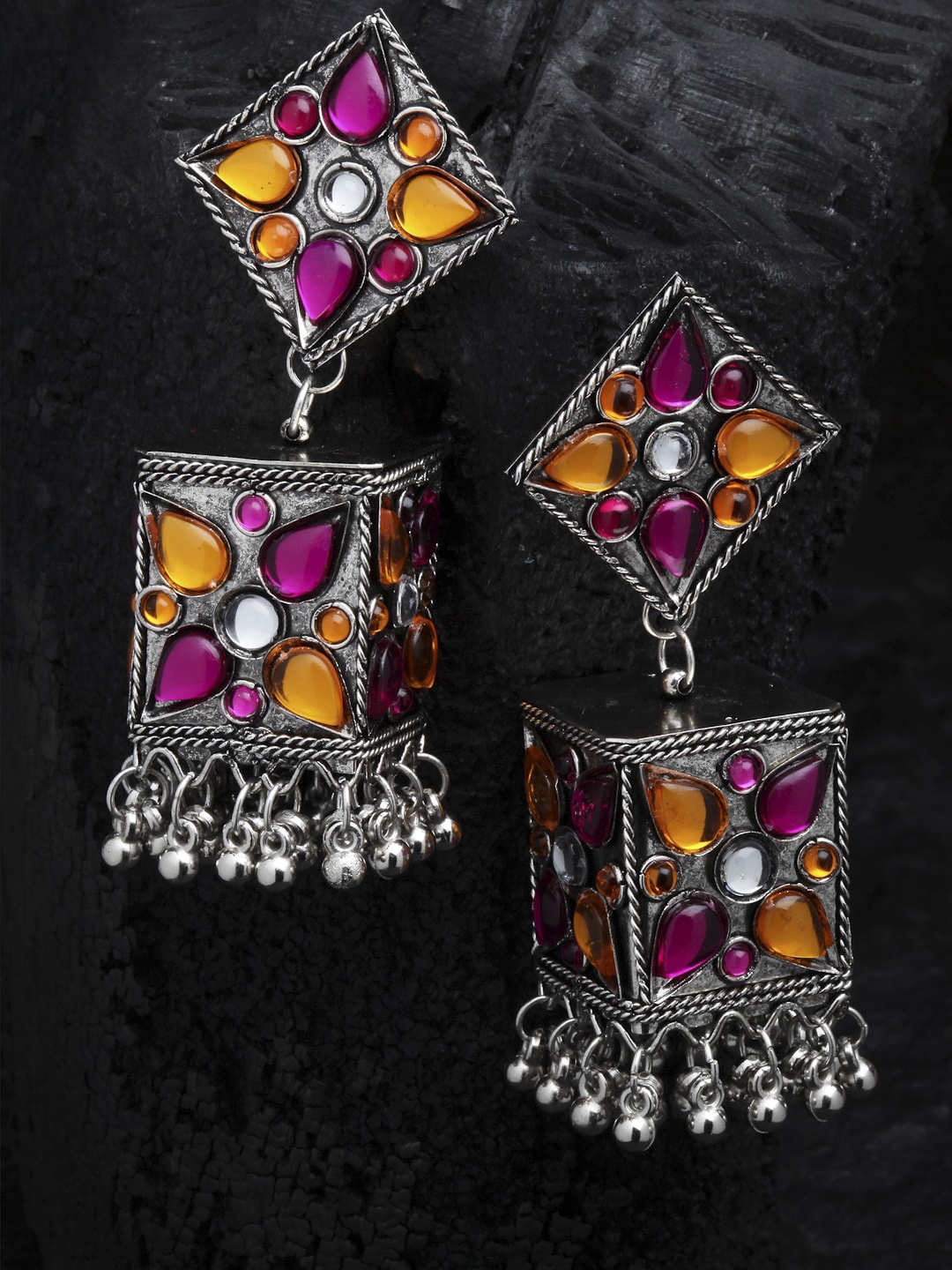 

Shining Diva Silver-Plated Oxidised Contemporary Jhumkas Earrings