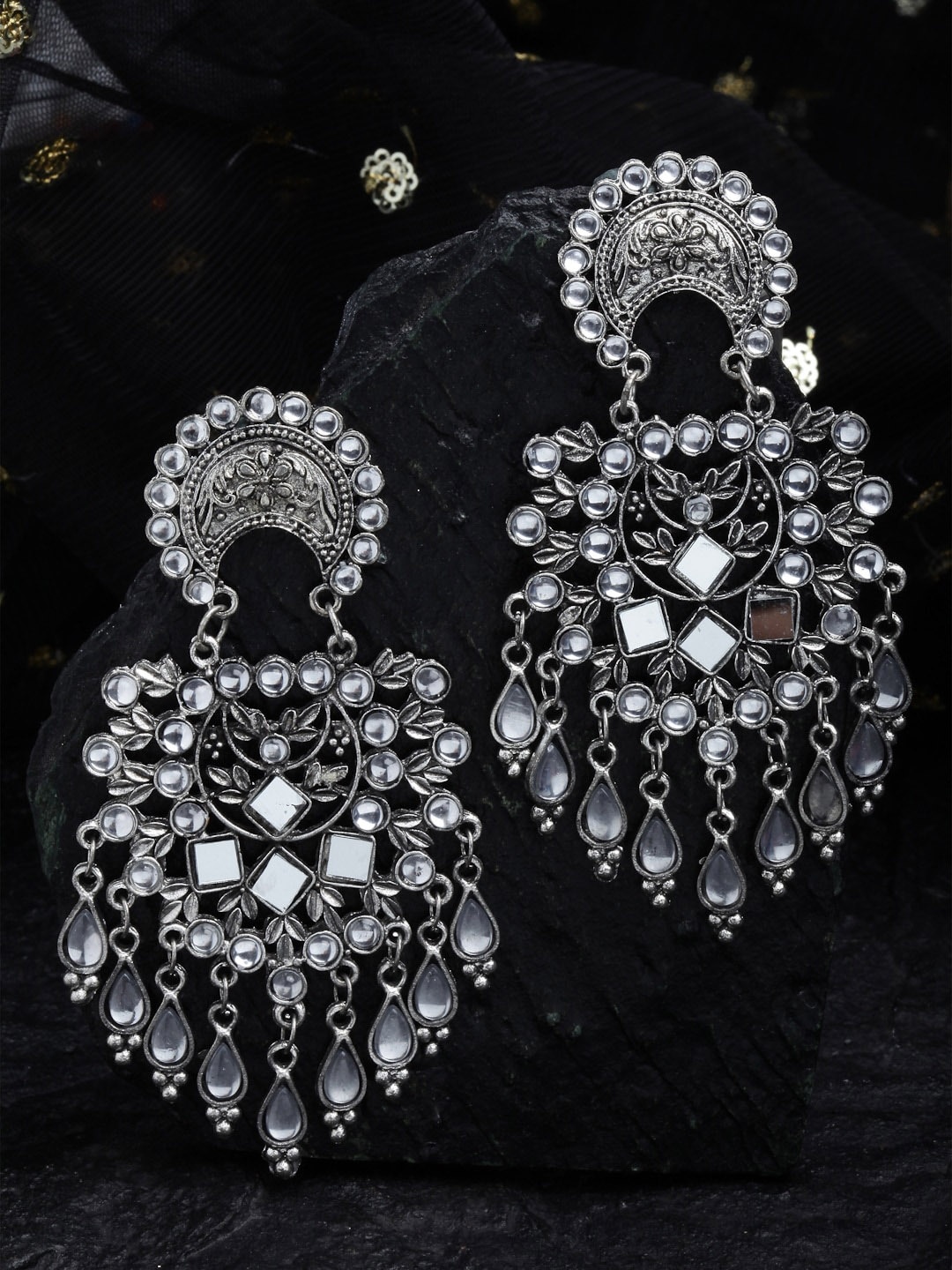 

Shining Diva Silver-Toned Oxidised Contemporary Drop Earrings