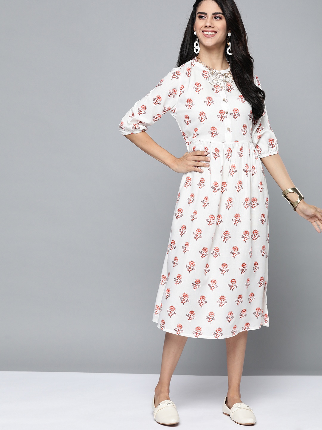 

HERE&NOW White & Red Ethnic Motifs Printed A-Line Midi Dress