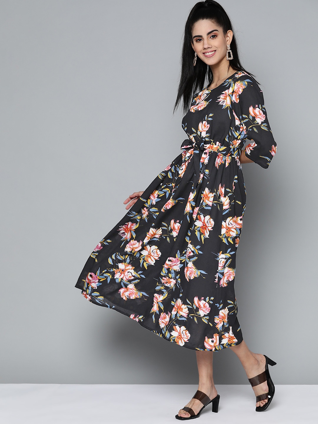 

HERE&NOW Women Black & Orange Floral A-Line Midi Dress with Belt