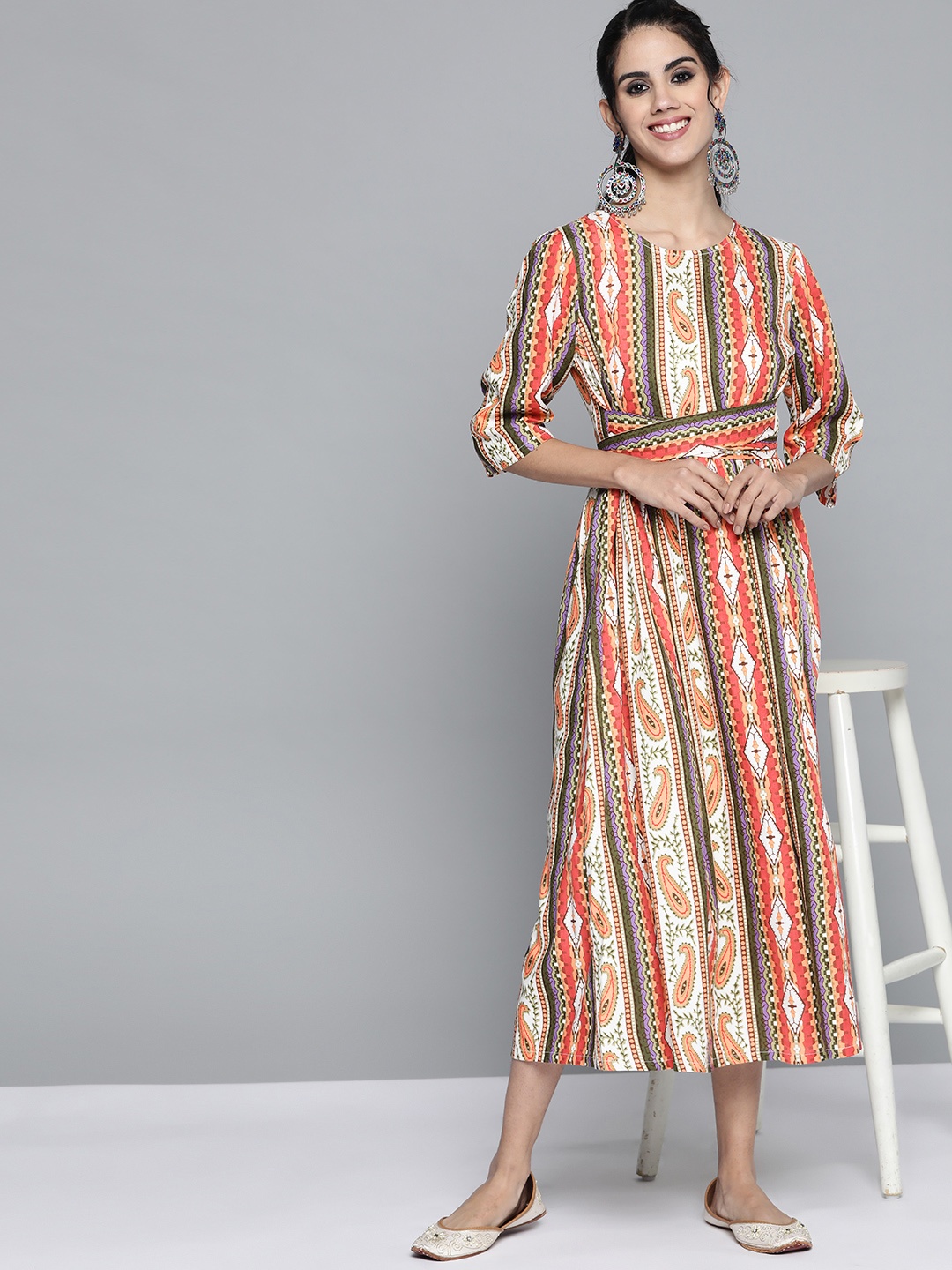 

HERE&NOW White & Red Ethnic Motifs A-Line Belted Midi Dress
