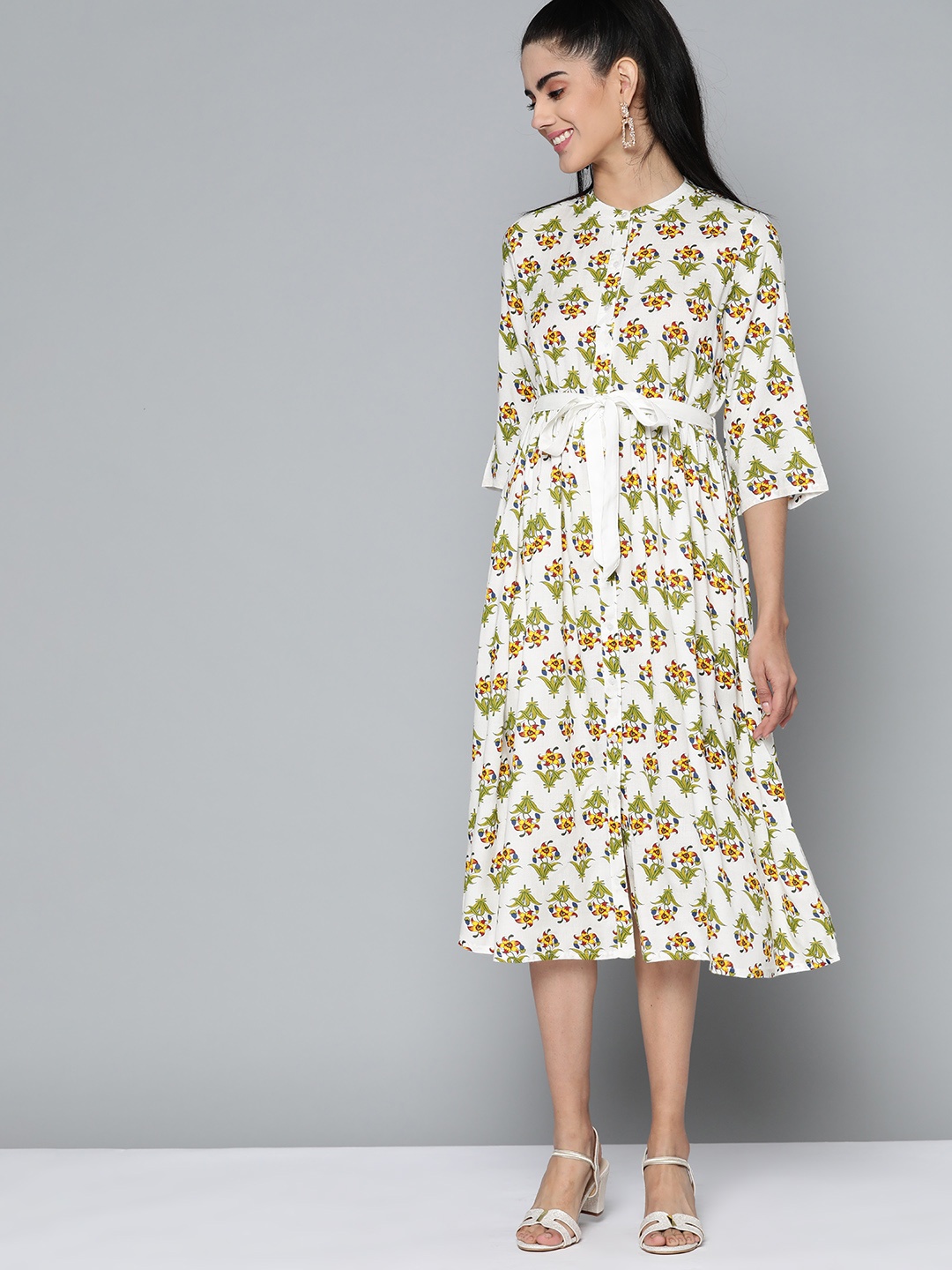 

HERE&NOW Women White & Green Floral A-Line Midi Dress with Belt