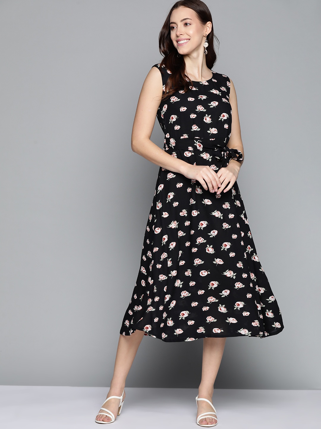 

HERE&NOW Women Black & White Floral Printed A-Line Midi Dress