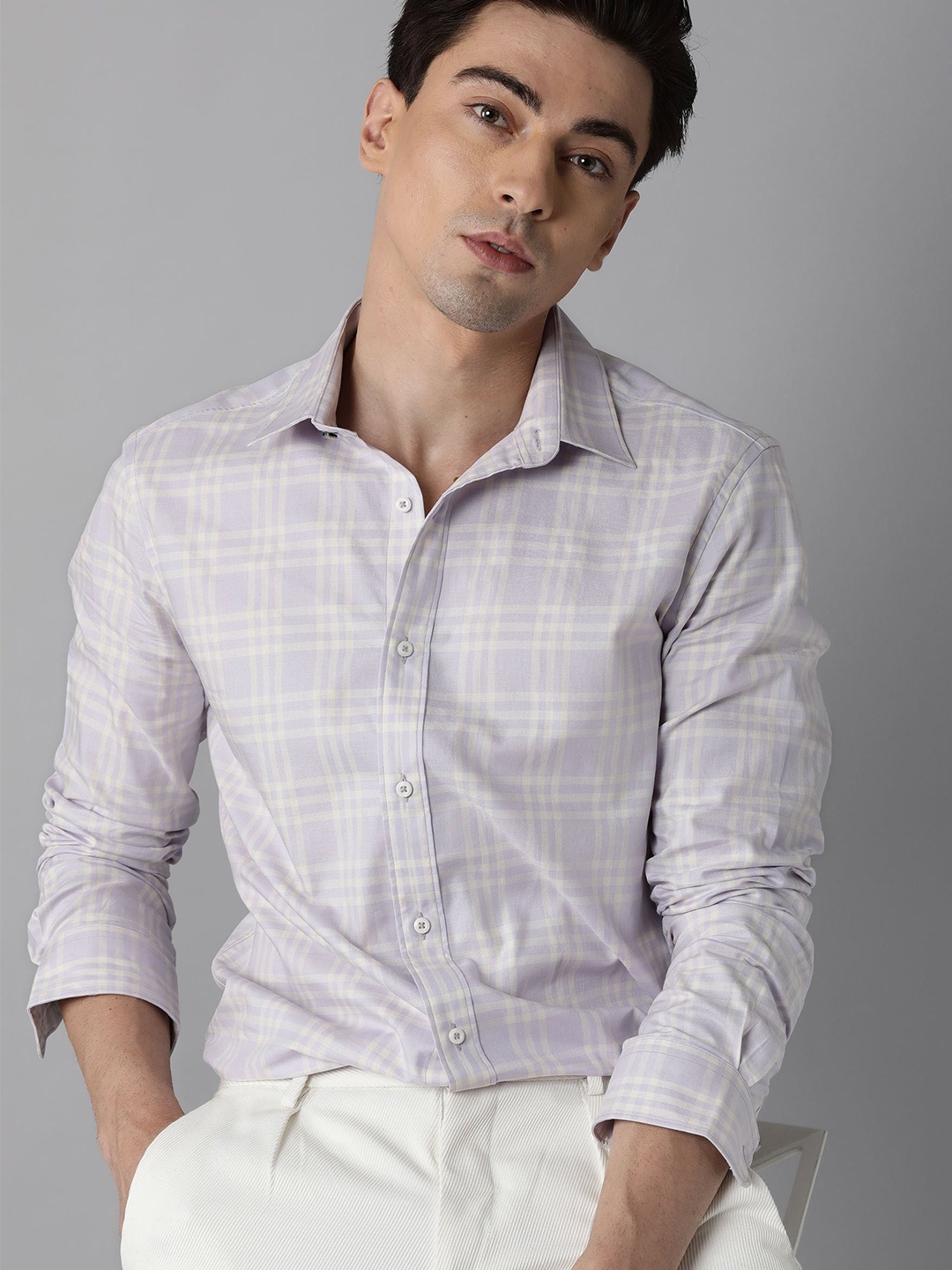 

RARE RABBIT Men Daren Slim Fit Grid Tattersall Opaque Checked Shirt, Purple