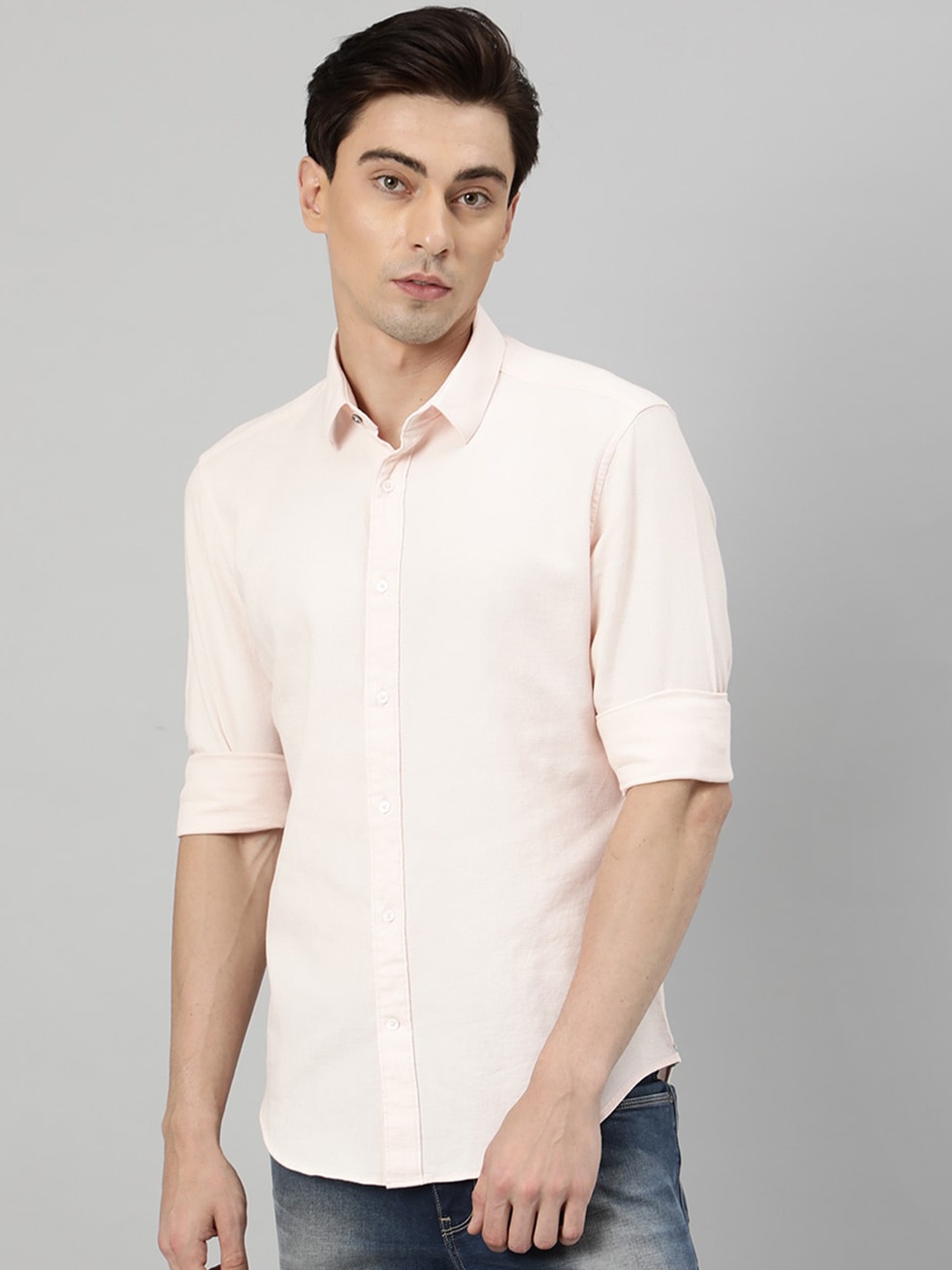 

RARE RABBIT Men Birds Eye Peach Slim Fit Opaque Shirt, Pink