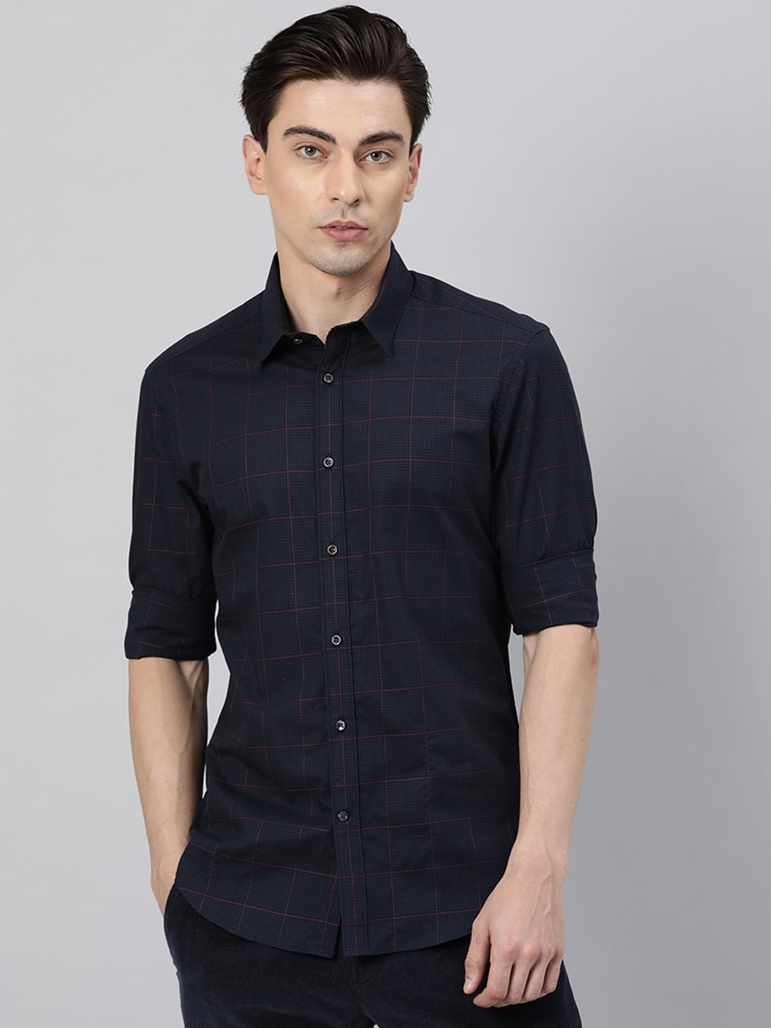 

RARE RABBIT Men Navy Blue Slim Fit Windowpane Checks Opaque Checked Casual Shirt