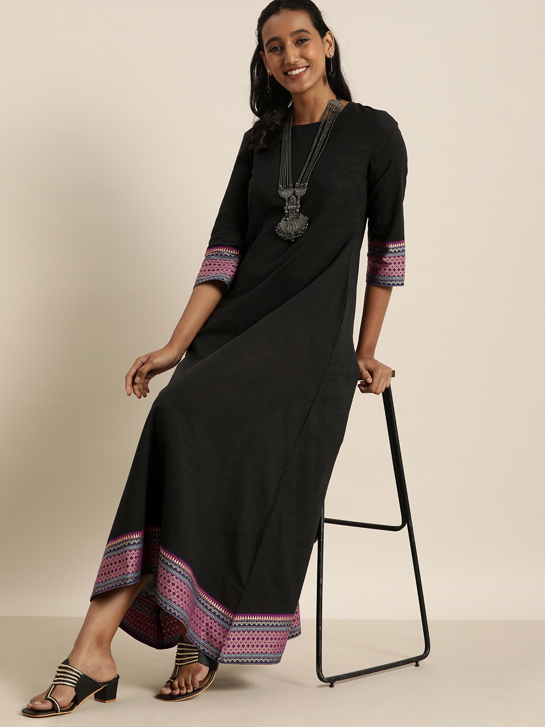 

Taavi Black Woven Legacy Ethnic Maxi Dress with Zari Border Detailing