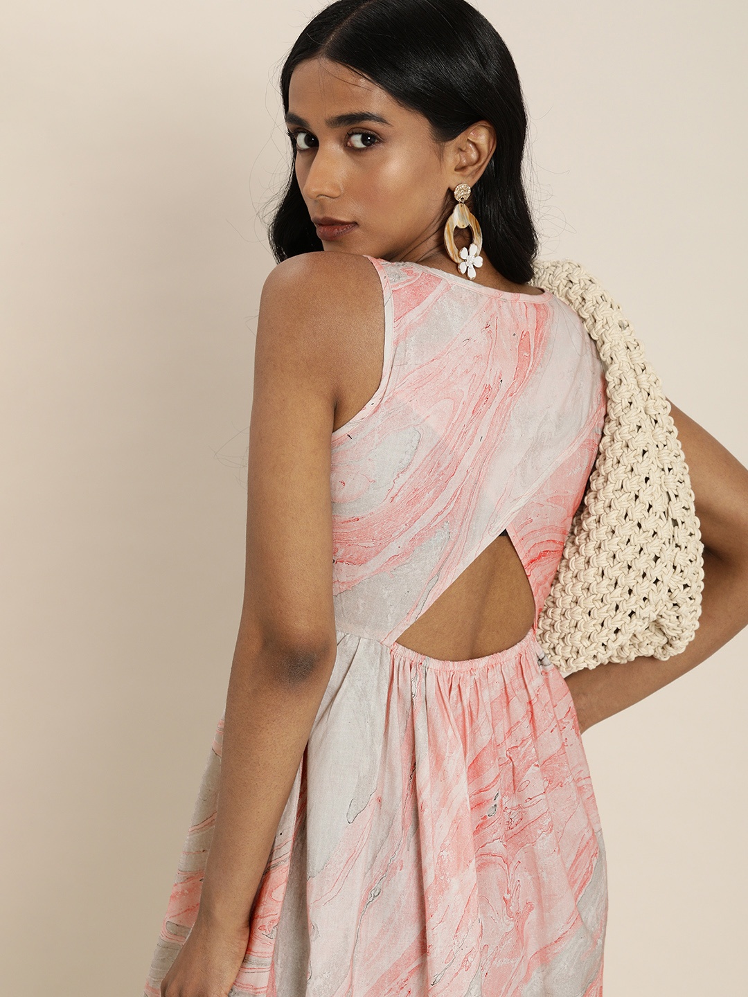 

Taavi Pink & White Marbling Print Drop-Waist Pure Cotton Dress