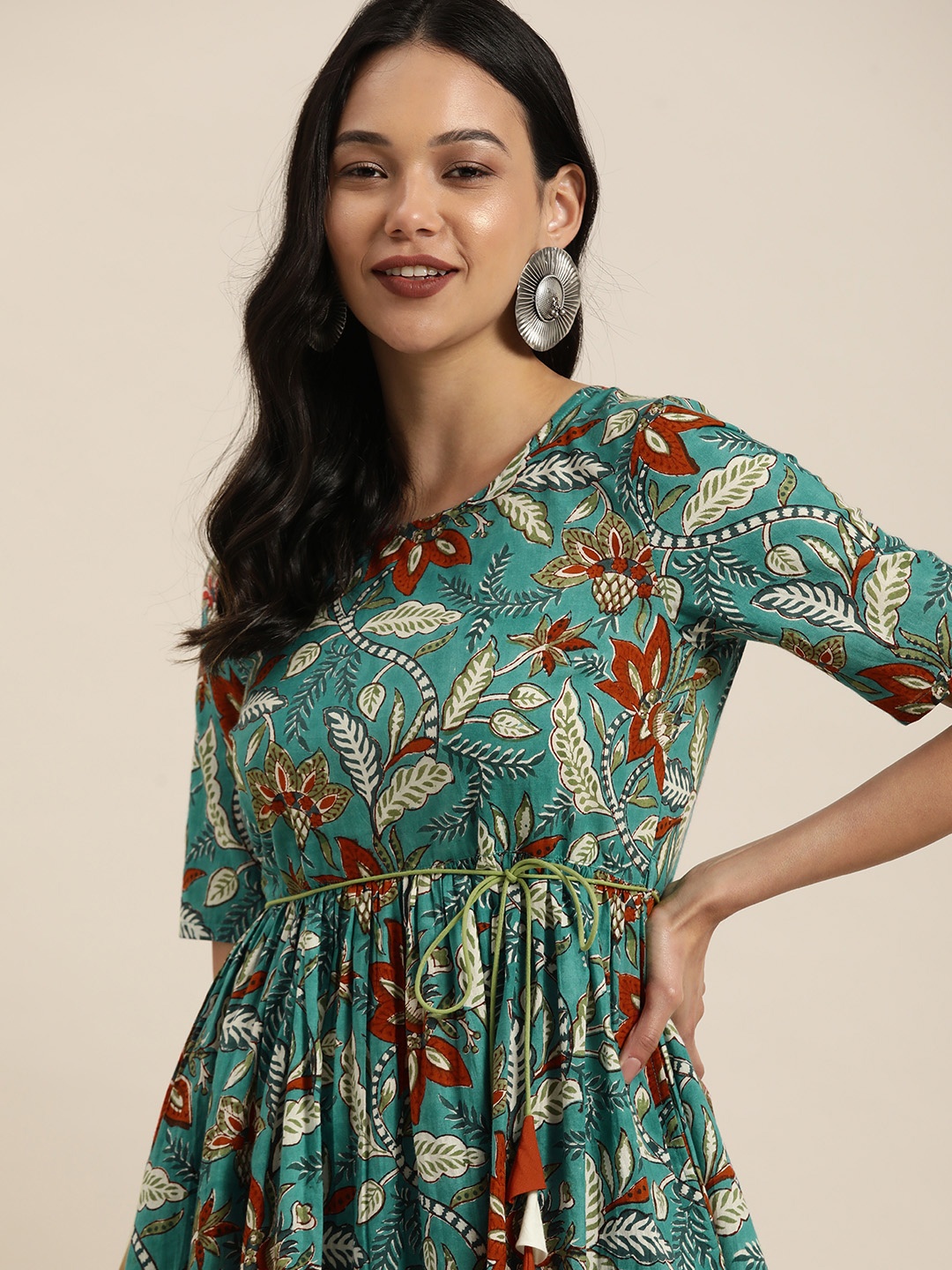 

Taavi Women Blue & White Sanganeri Block Print Fit & Flare Dress with Pocket Detail